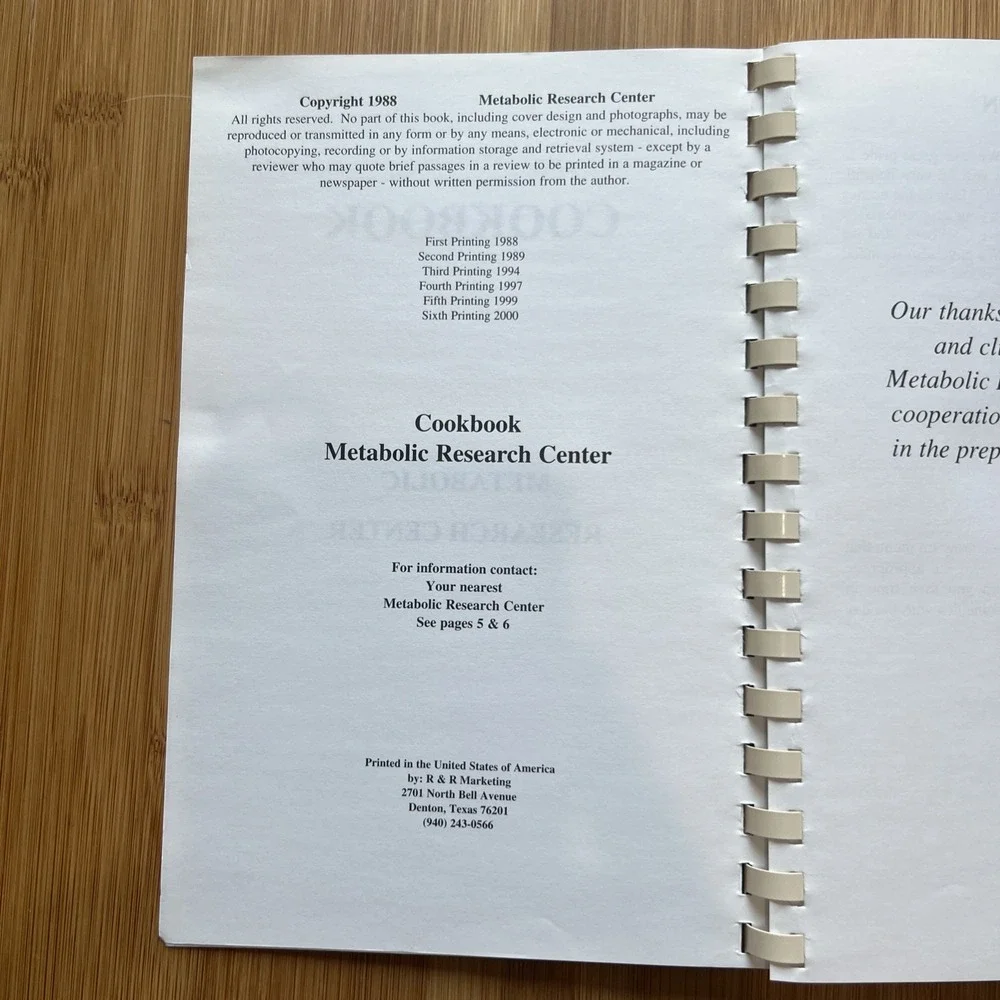 Metabolic Research Center Cookbook Cooking Recipes Collection 1988 Spiral‎ Bound